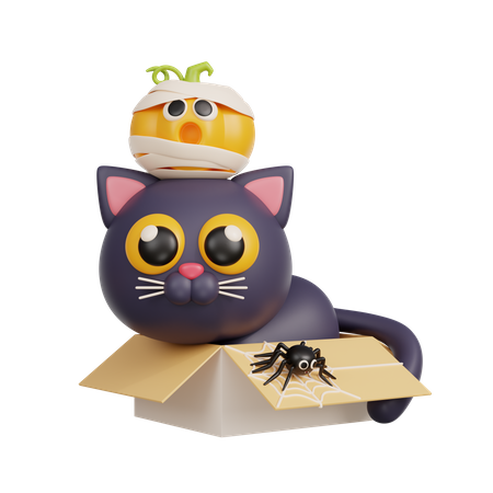 Gato negro en caja  3D Illustration