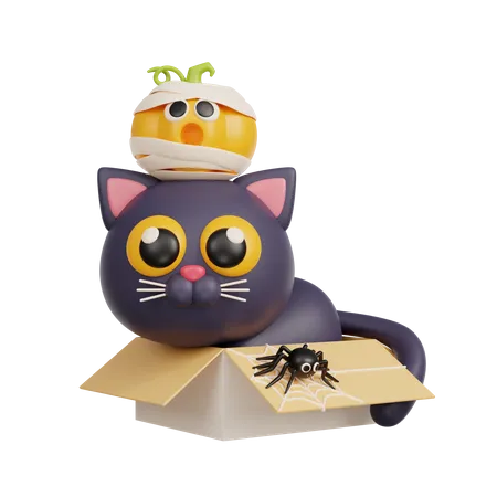 Gato negro en caja  3D Illustration