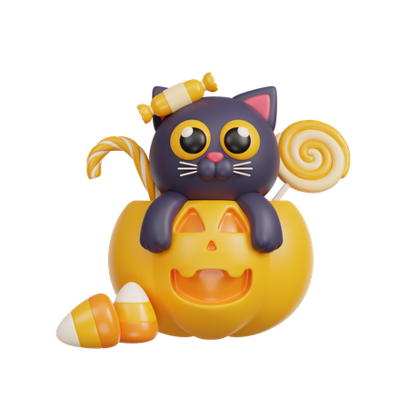 Gato preto com doces de Halloween  3D Illustration