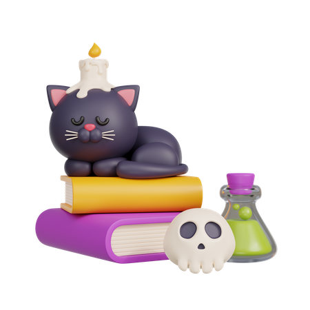 Gato preto dormindo em livros  3D Illustration