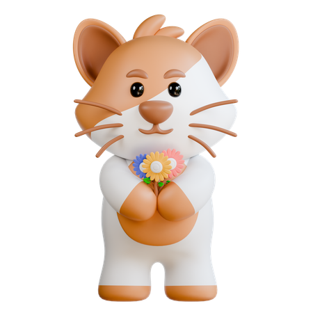 Gato trae flor  3D Illustration