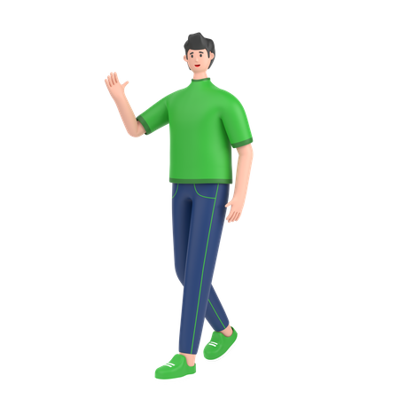 Junge in Gehpose und winkender Hand, um Hallo zu sagen  3D Illustration