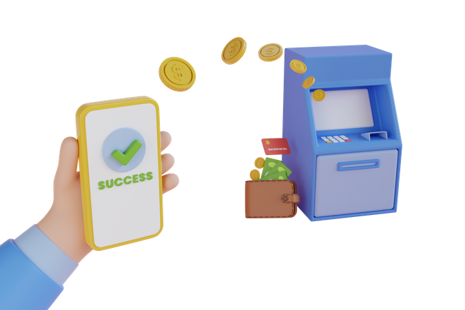 Überweisen Sie Geld vom Mobiltelefon zum Geldautomaten  3D Illustration