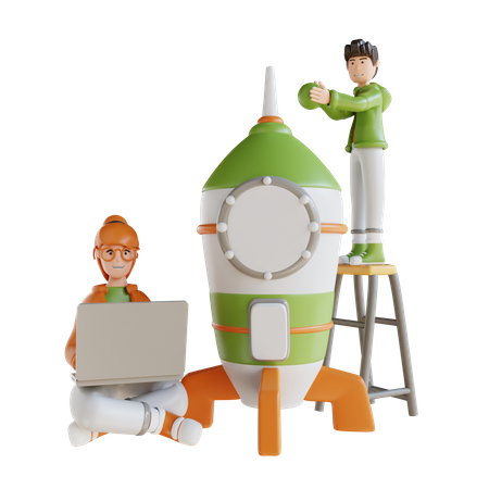 Homme d'affaires et femme avec démarrage de fusée  3D Illustration