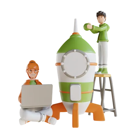 Homme d'affaires et femme avec démarrage de fusée  3D Illustration