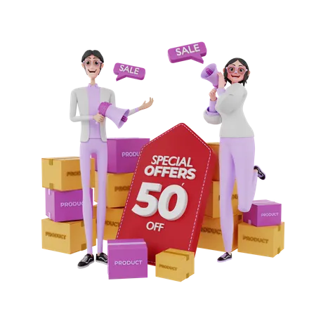 Gens du marketing annonçant la vente de produits  3D Illustration