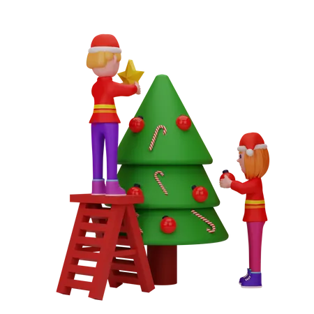 Gens faisant la décoration d’arbre de Noël  3D Illustration