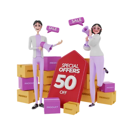 Gente de marketing anunciando la venta de productos.  3D Illustration