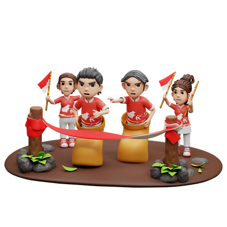 Los indonesios jugando a la carrera de sacos.  3D Illustration