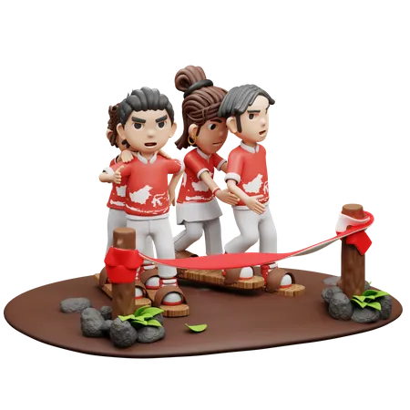 Pueblo indonesio jugando carreras de zuecos.  3D Illustration