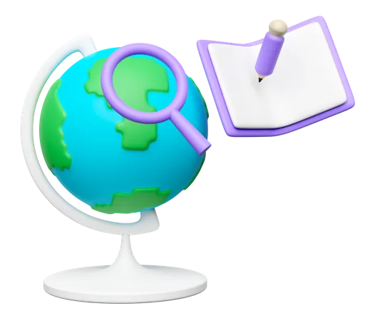 3 D Planet Earth Model Globe Rotating On Stand With Open Book Magnifying Glass Pencil Icon Isolated Education Studying Researching Concept 3 D Render Illustration 3D Icon