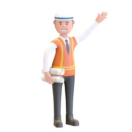 Gerente de construção segurando plano de projeto de impressão azul  3D Icon
