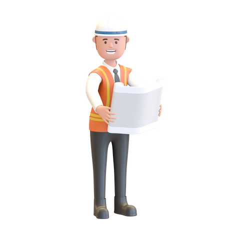Gerente de construção segurando plano de projeto de impressão azul  3D Icon