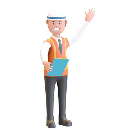 Gerente de construcción sosteniendo una nota y agitando la mano  3D Icon