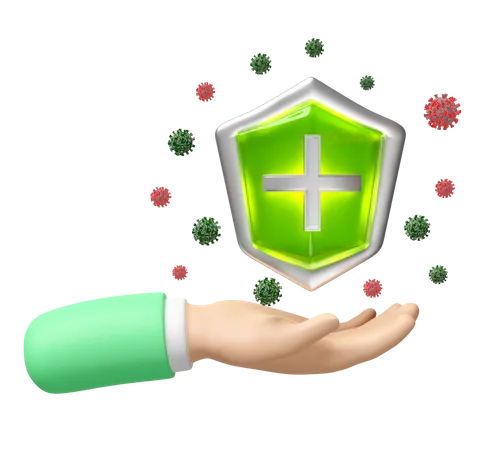3 D Bacteria Protection Icon For Health Protection With Hand Hold Green Shield Cross Anti Germ Defence Health Insurance Health Protected Metal Shield Symbol Isolated 3D Icon