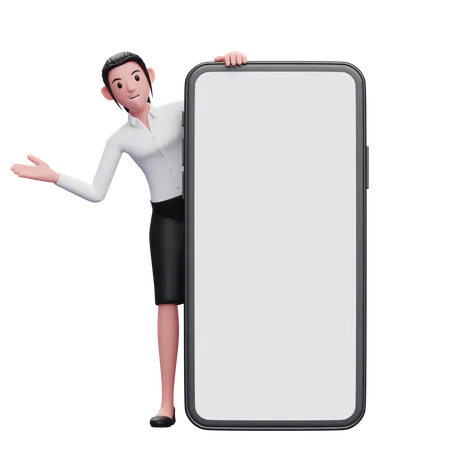 Geschäftsfrau erscheint hinter Telefon  3D Illustration