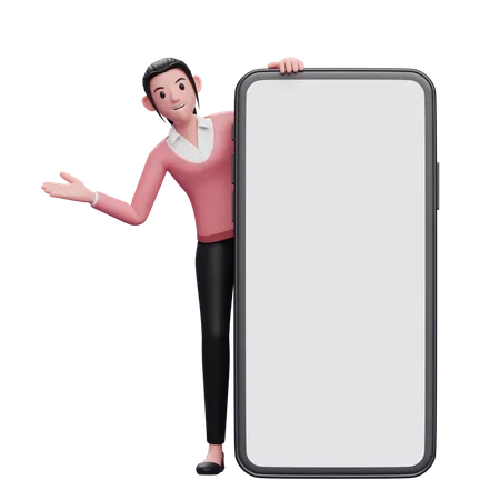 Geschäftsfrau erscheint hinter Telefon  3D Illustration