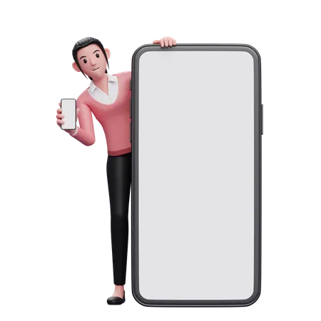 Geschäftsfrau erscheint hinter Telefon  3D Illustration