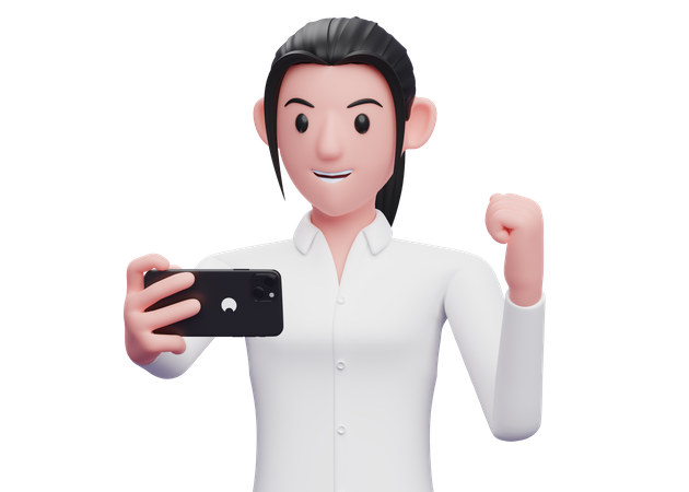Geschäftsfrau feiert, während sie auf ein Mobiltelefon blickt  3D Illustration