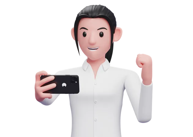 Geschäftsfrau feiert, während sie auf ein Mobiltelefon blickt  3D Illustration