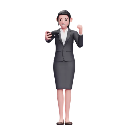 Geschäftsfrau feiert, während sie auf den Telefonbildschirm schaut  3D Illustration