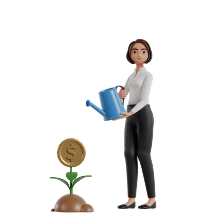 Geschäftsfrau, die Geldpflanze für Investitionen gießt  3D Illustration
