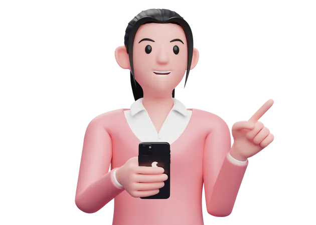 Madchen Im Rosa Sweatshirt Das Ein Mobiltelefon Halt Und Dabei Auf Die Seite Zeigt Die Etwas Auswahlt 3 D Darstellung Der Figur 3D Illustration