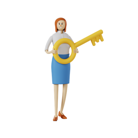 Geschäftsfrau hält großen Schlüssel  3D Illustration