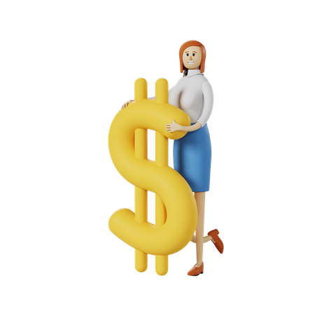 Geschäftsfrau hält großes Dollar-Logo  3D Illustration