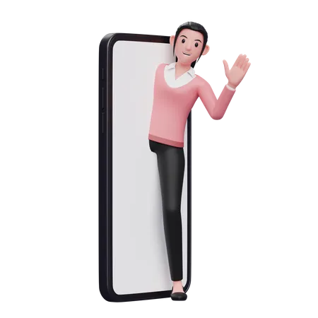 Geschäftsfrau kommt aus dem Telefonbildschirm und winkt mit der Hand  3D Illustration