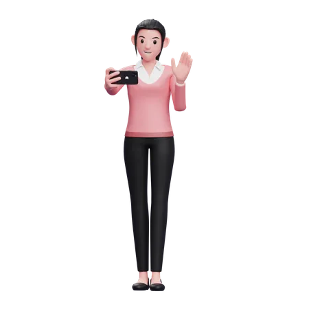 Madchen Im Pullover Macht Videoanrufe 3 D Darstellung Der Figur 3D Illustration
