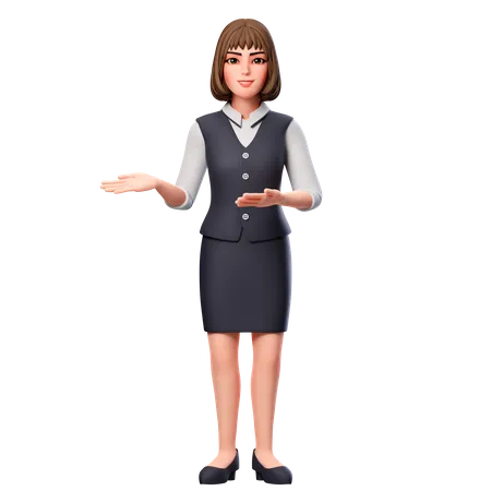 Geschäftsfrau präsentiert ihre Hände mit beiden Händen auf der linken Seite  3D Illustration