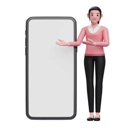 Stehendes Madchen Im Pullover Prasentiert Grosses Telefon Mit Weissem Bildschirm 3 D Darstellung Der Figur 3D Illustration