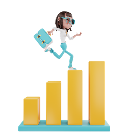 Geschäftsfrau läuft mit Koffer über das Diagramm  3D Illustration