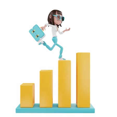 Geschäftsfrau läuft mit Koffer über das Diagramm  3D Illustration