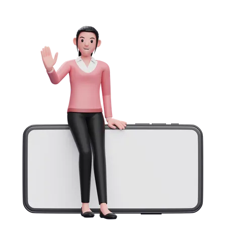 Madchen Im Sweatshirt Sitzt Lassig Auf Einem Querformat Telefon Und Winkt Mit Der Hand 3 D Darstellung Der Figur 3D Illustration
