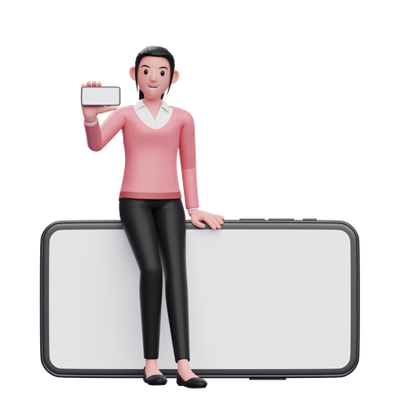 Geschäftsfrau, die lässig am Telefon sitzt und den Telefonbildschirm zeigt  3D Illustration