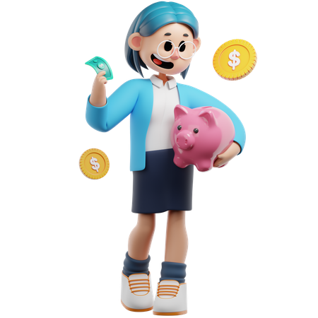 Geschäftsfrau, die Geld auf Sparschwein spart  3D Illustration