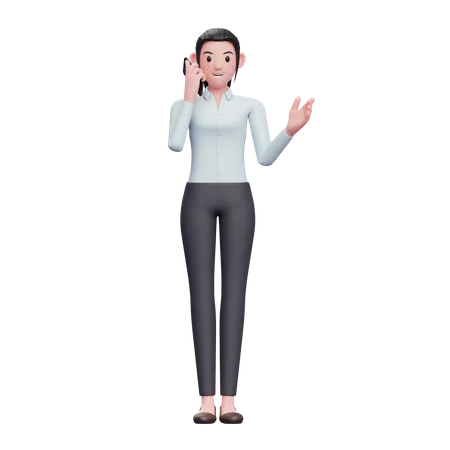 Junge Geschaftsfrau Die Auf Dem Smartphone Spricht 3 D Darstellung Der Figur 3D Illustration
