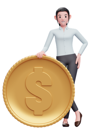 Geschäftsfrau steht mit Dollarmünze  3D Icon