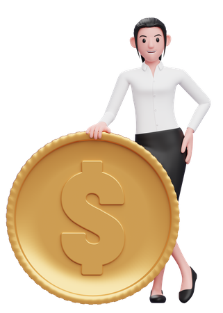 Geschäftsfrau steht mit Dollarmünze  3D Icon