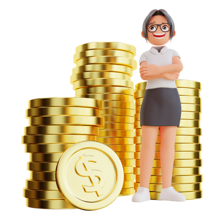 Geschäftsfrau steht mit Dollarmünze  3D Icon