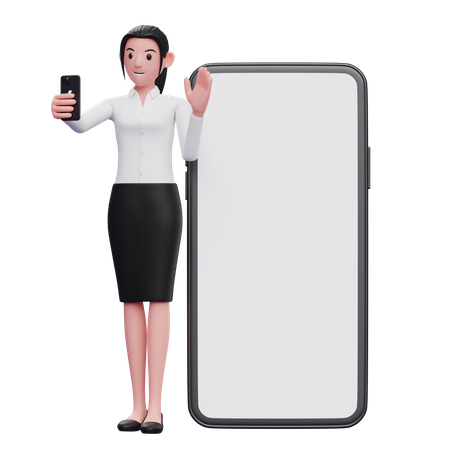 Geschäftsfrau steht während eines Videoanrufs und winkt mit der Hand  3D Illustration