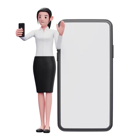Geschäftsfrau steht während eines Videoanrufs und winkt mit der Hand  3D Illustration