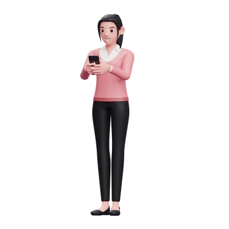 Madchen Im Pullover Tippt Nachrichten Auf Dem Smartphone 3 D Rendering Susse Madchen Charakterillustration 3D Illustration