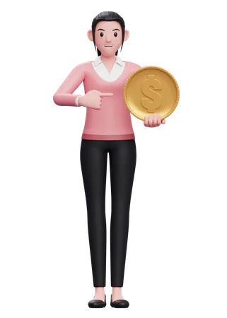 Geschäftsfrau zeigt auf Dollarmünze  3D Illustration
