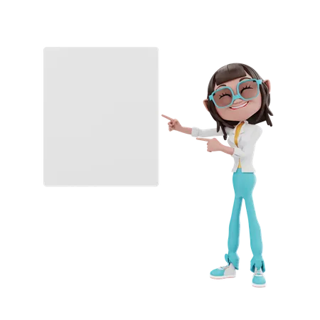 Geschäftsfrau zeigt auf eine leere Tafel  3D Illustration