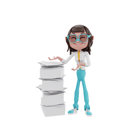 Geschäftsfrau zeigt auf mehrere Dateien  3D Illustration