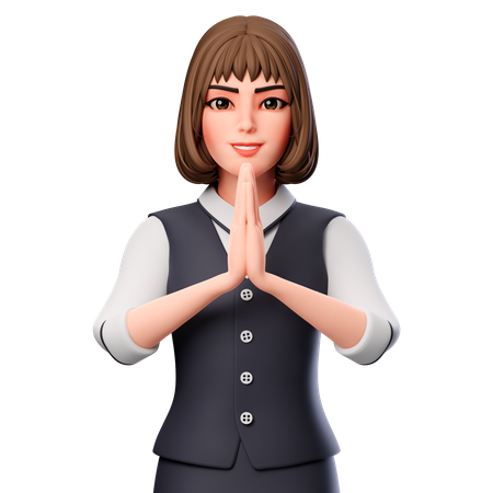 Geschäftsfrau zeigt gefaltete Hand oder Namaste-Handbewegung  3D Illustration