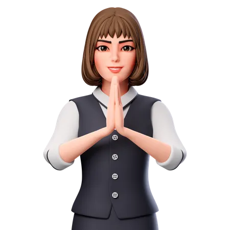 Geschäftsfrau zeigt gefaltete Hand oder Namaste-Handbewegung  3D Illustration